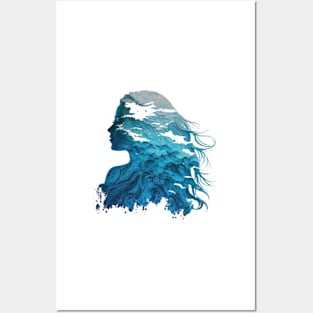 Silhouette of Woman with Ocean Waves Posters and Art